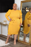LuxE9 Classy Girl Puff Sleeve Midi Dress Camel